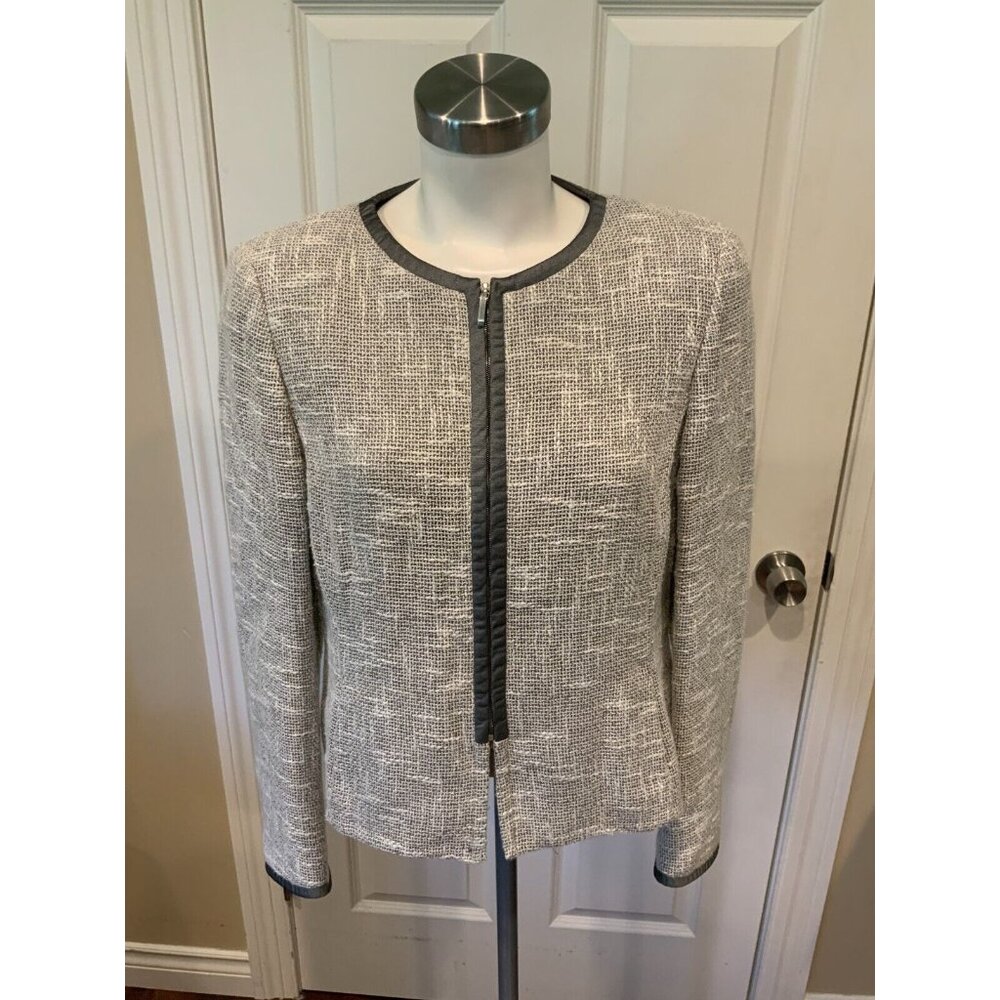 Akris Gray & White Tweed Zip-Up Jacket W/ Gray Trim, Size 10 (US), 42 (EU)